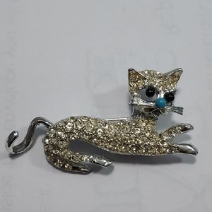 Vintage Silver Tone Rhinestone Cat w/ Blue Nose Brooch Pin